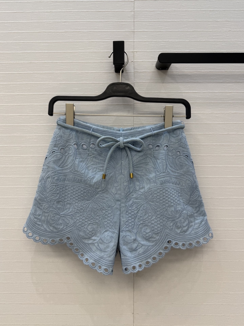 Zimmermann Premium Resort-Style Floral Embroidered Eyelet Denim Shorts in Light Blue