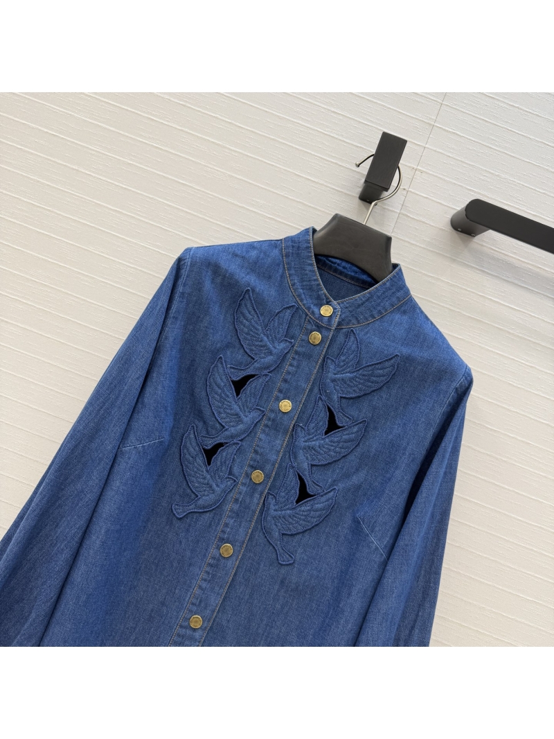 Zimmermann Artisan Embroidered Flying Bird Premium Denim Puff-Sleeve Shirt in Blue