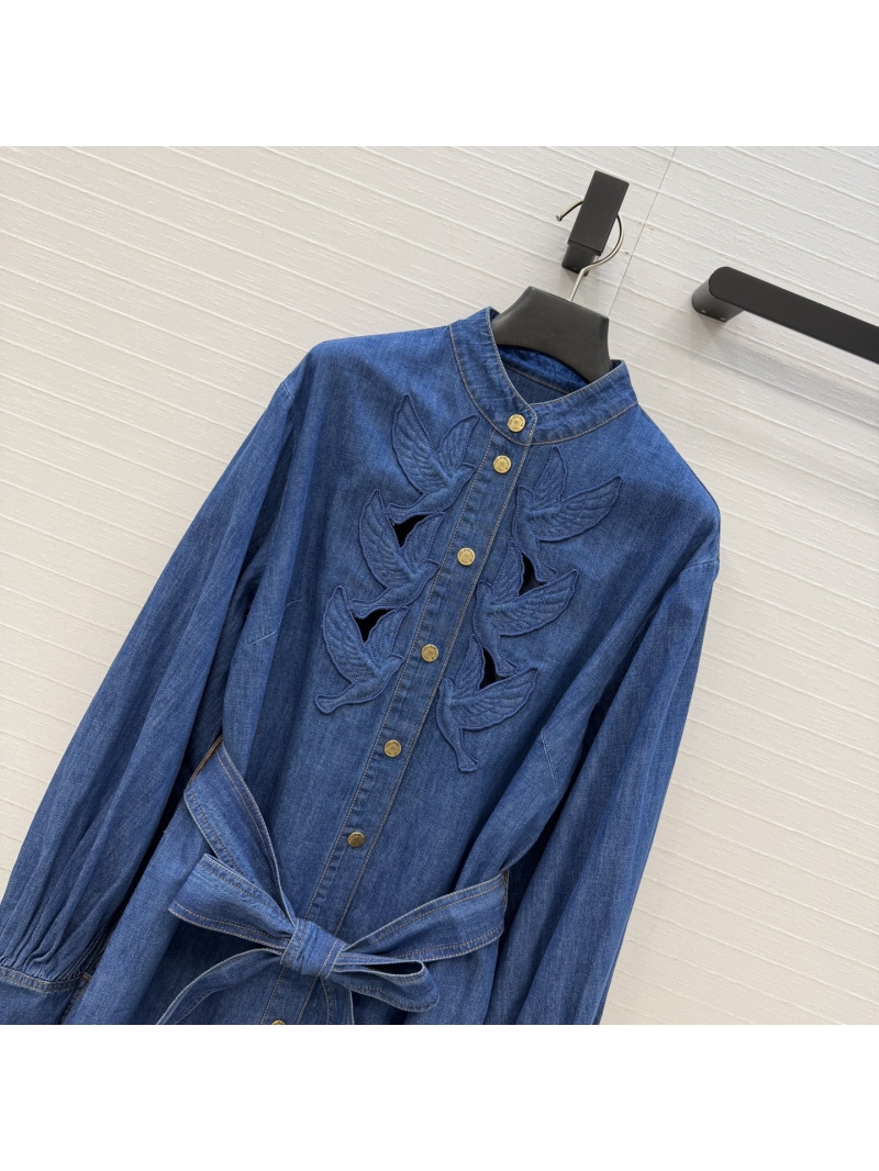 Zimmermann Artisan Bird Appliqué Embroidered Denim Lantern Sleeve Dress in Indigo Blue