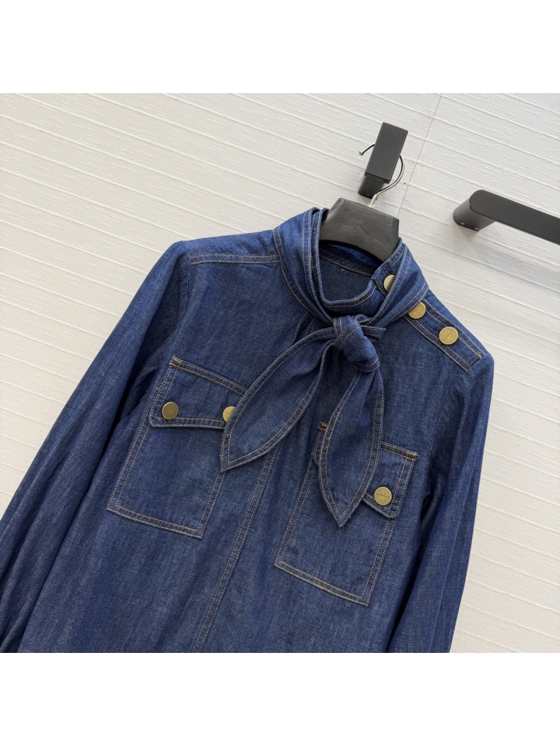 Zimmermann Denim Tie-Neck Shirt with Lantern Sleeves