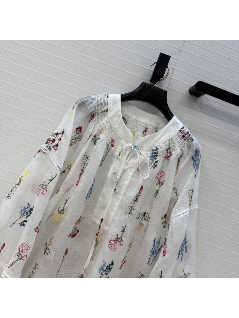 Zimmermann Silk-Linen Blend Floral Embroidered Lantern Sleeve Blouse