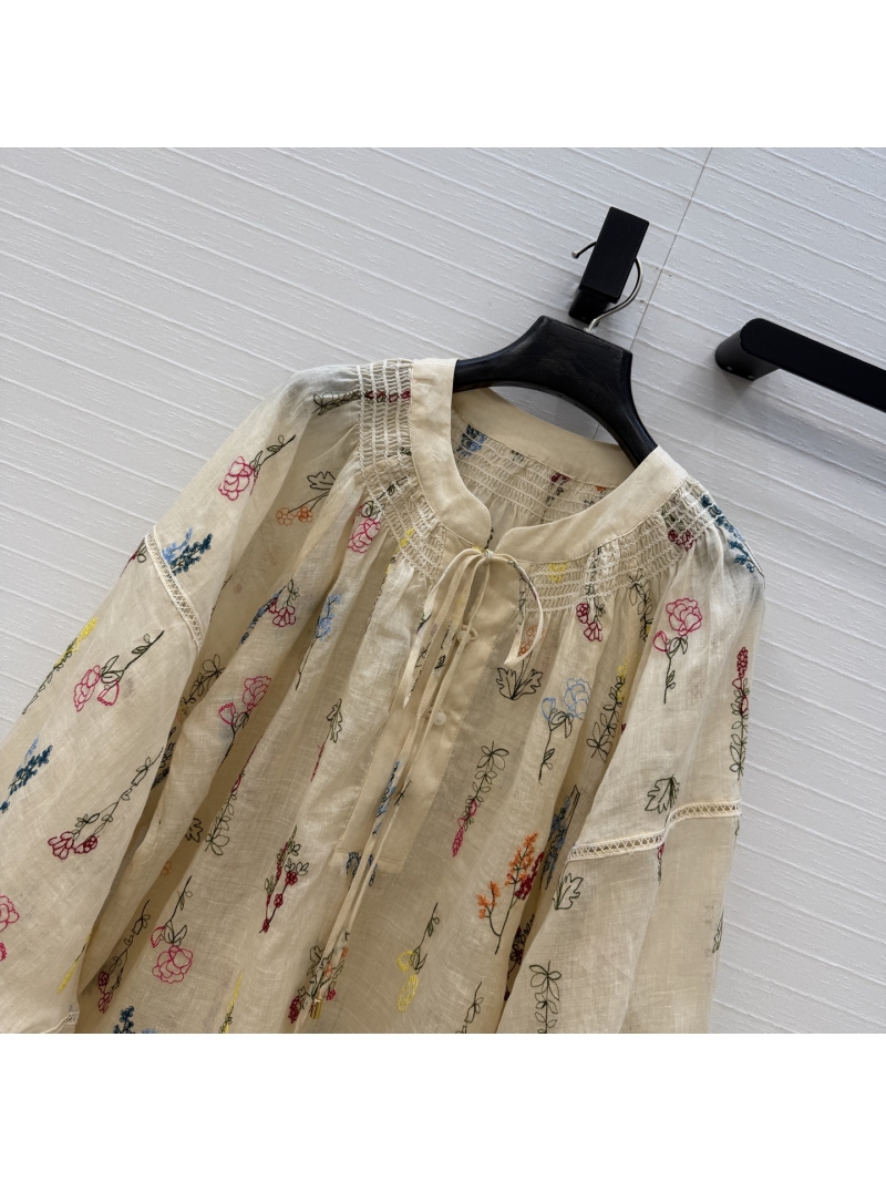 Zimmermann Silk-Linen Floral Embroidered Blouse with Lantern Sleeves