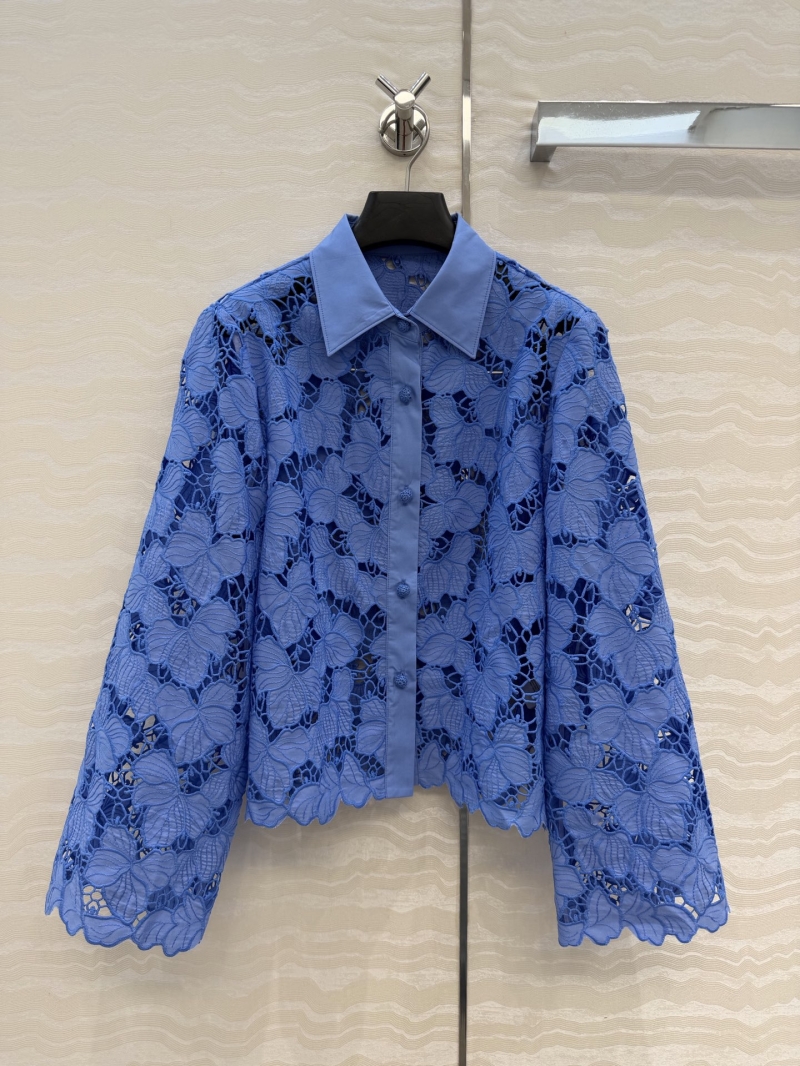Zimmermann Exquisite Floral Guipure Lace Bell-Sleeve Shirt in Cornflower Blue