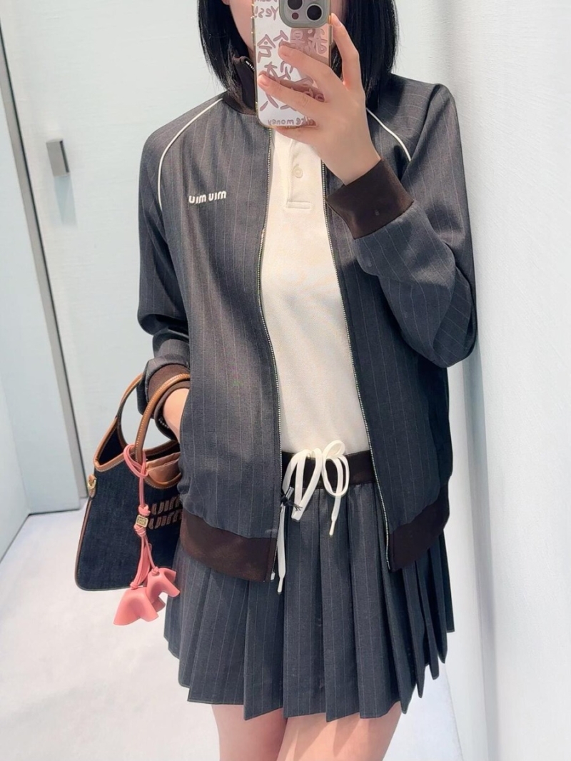 Miu Miu Contrast Collar Wool Blend Pinstripe Jacket in Dark Gray and Brown