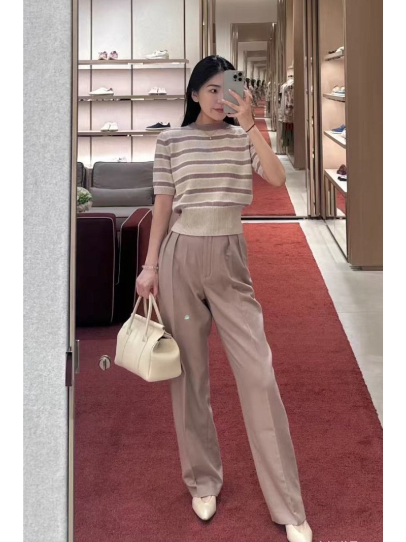 Loro Piana Round Neck Striped Short-Sleeve Cashmere Sweater in Soft Pink