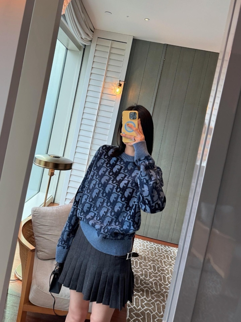 Dior UNISEX CD Monogram Intarsia Knit Sweater in Two-Tone Blue - Crew Neck Wool Pullover