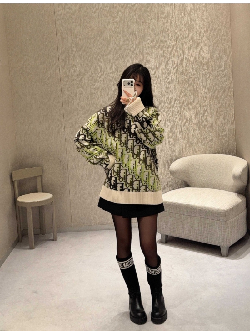 Dior Oblique Monogram Crewneck Sweater in Cream and Neon Green