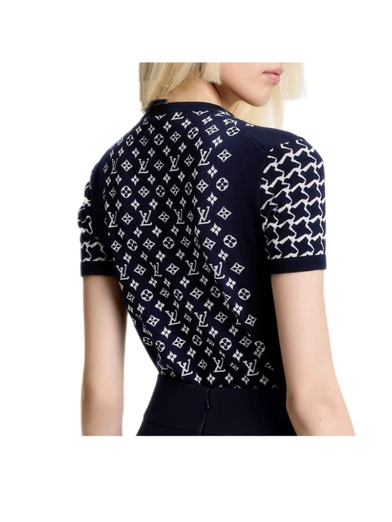 Louis Vuitton Monogram Jacquard Wool Knit Short-Sleeve Top in Navy and White