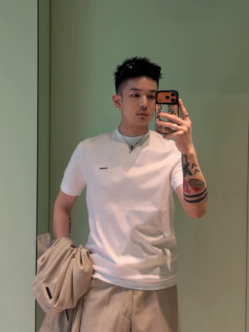 Prada Embroidered Small Logo Relaxed Fit T-Shirt in White