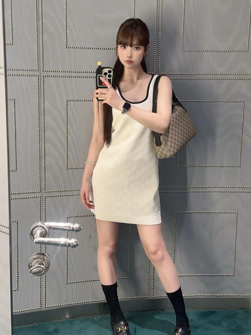 Gucci GG Jacquard Knit Sleeveless Vest Dress in Ivory and Navy