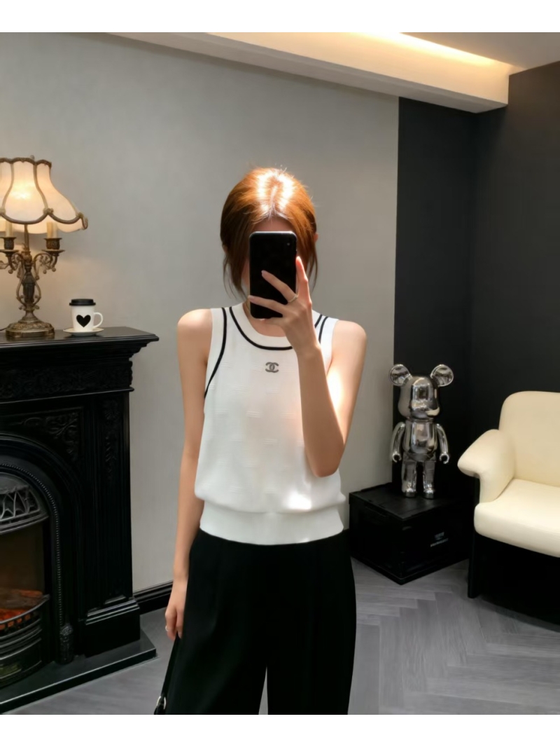 Chanel Contrast Trim Silk-Wool Knit Vest - Luxury CC Embellished Sleeveless Top