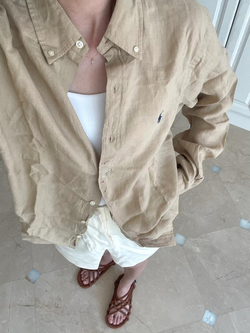 Ralph Lauren Signature Embroidered Beige Linen Shirt