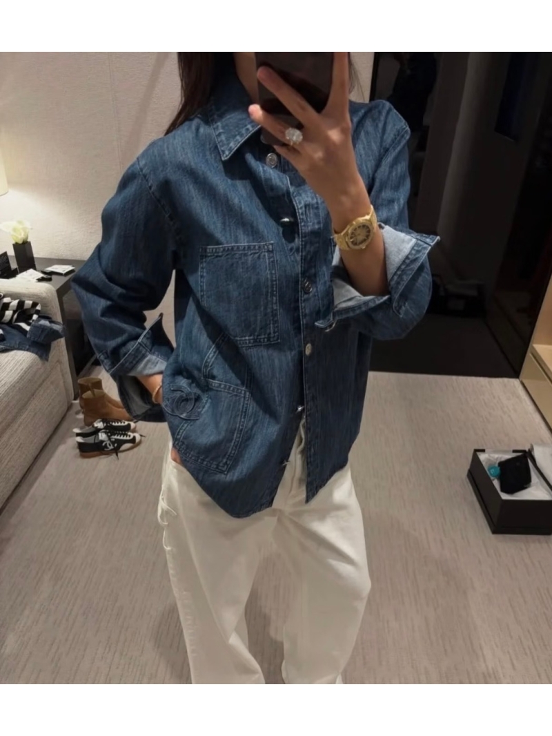 Chanel Signature CC Button Pocket Denim Shirt in Medium Wash Blue