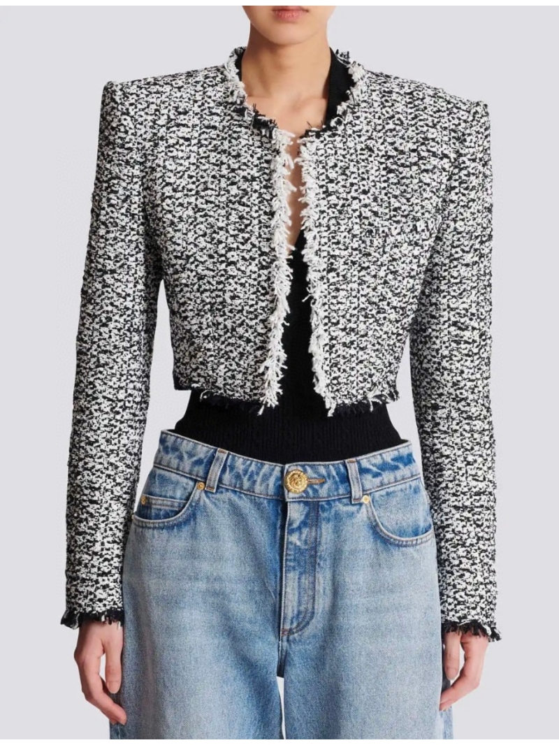 Balmain Cropped Tweed Jacket in Monochrome Black and White Bouclé with Frayed Trim