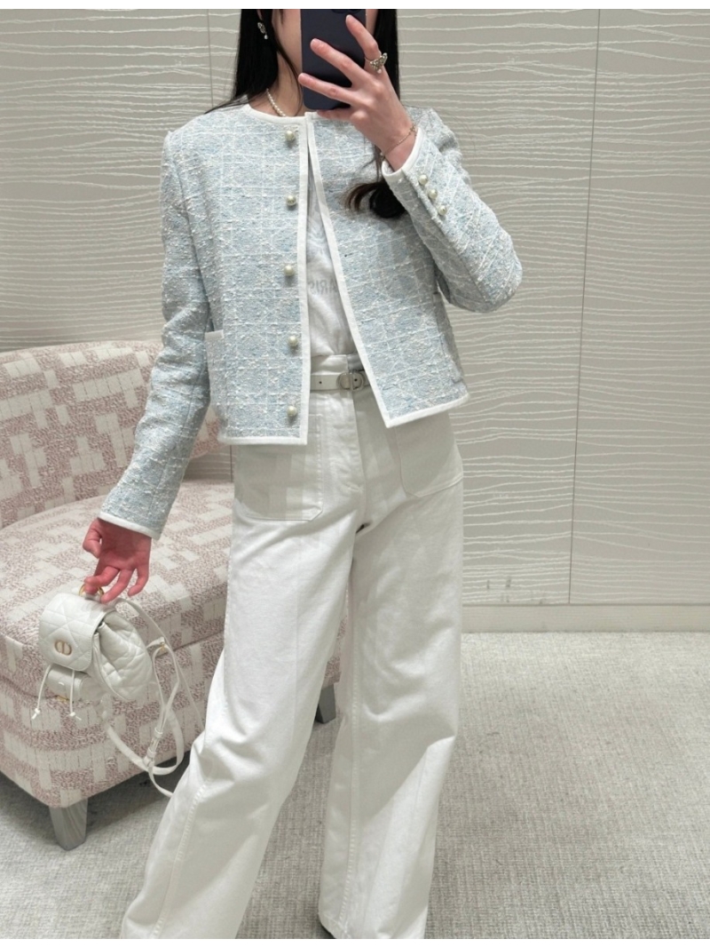 Dior Haze Blue Windowpane Tweed Jacket with Pearl Buttons