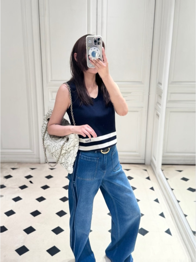 Dior Signature Striped Sleeveless Knit Vest in Deep Navy Blue