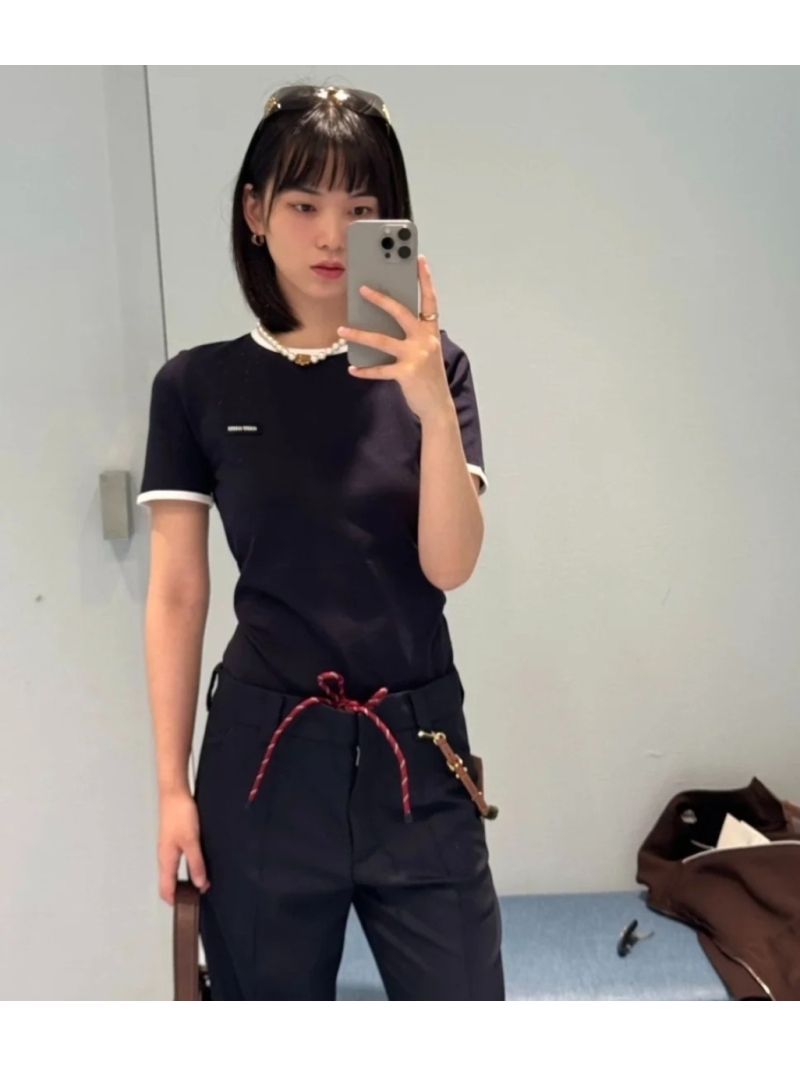 Miu Miu Deep Navy Blue Ringer Knit Top with White Ribbed Trim - Short Sleeve Crew Neck