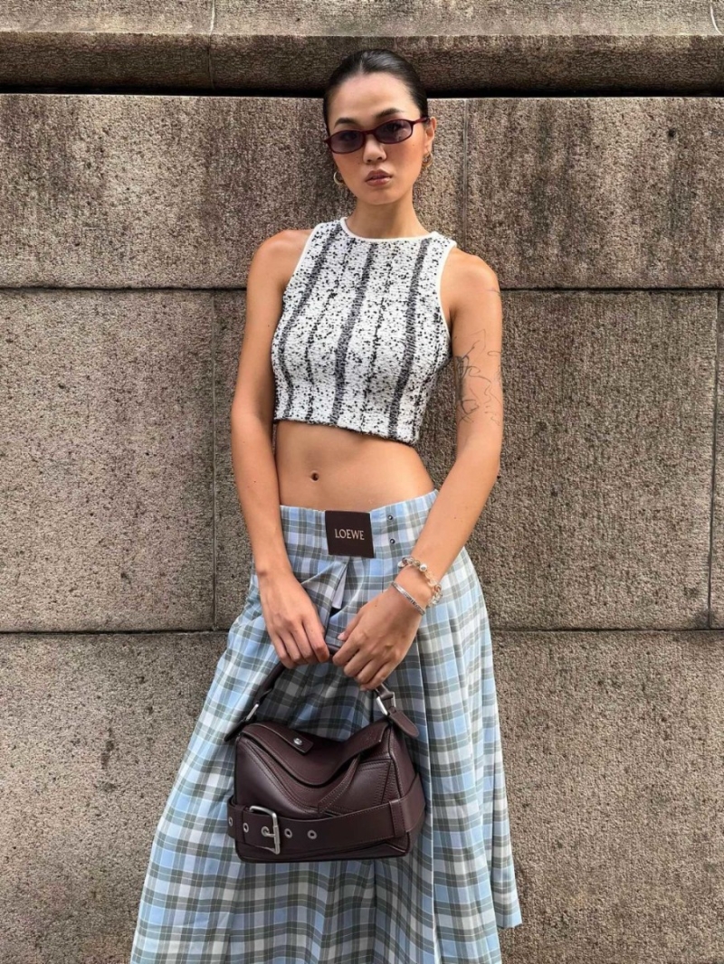 Loewe Pleated Plaid Skirt - Light Blue, Sage Green, Off-White - Artisan Tailored, Elevated A-Line Silhouette