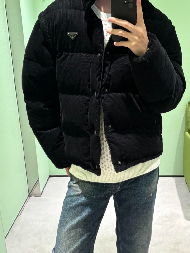 Prada Corduroy Detachable Sleeve Puffer Jacket in Black