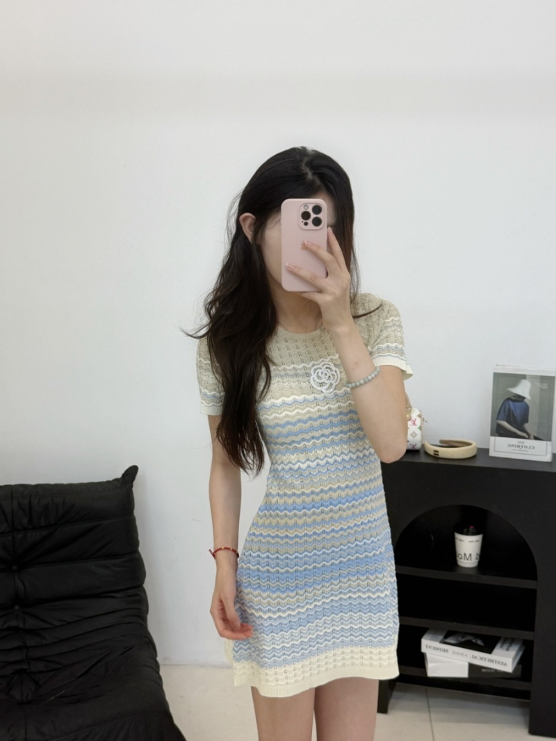 Chanel Summer Luxe Camellia Beaded Knit Dress in Blue