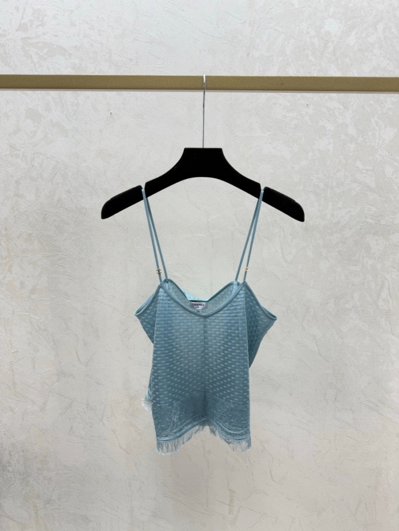 Chanel Textured Knit Camisole Top - Dusty Blue Open-Knit with Eyelash Trim
