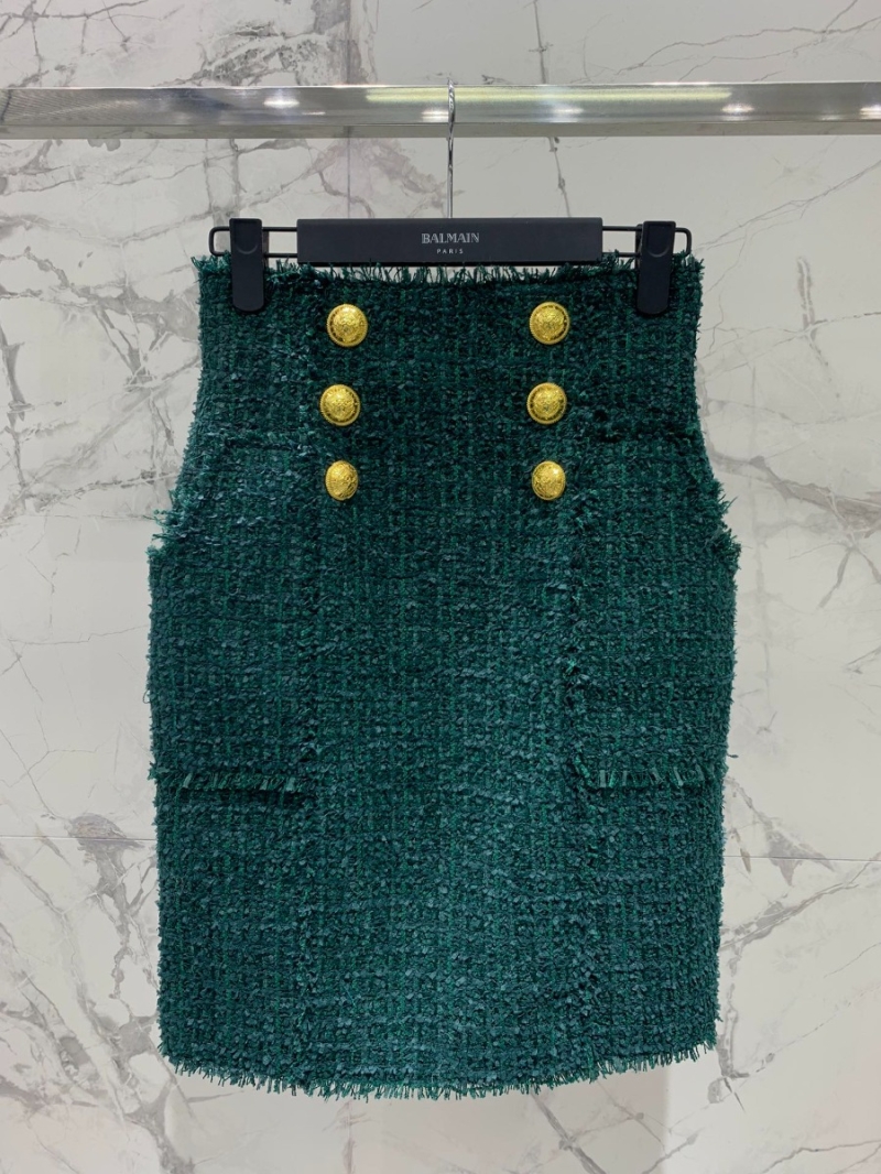 Balmain 2023 Fall/Winter Tweed Woolen A-Line Skirt Green