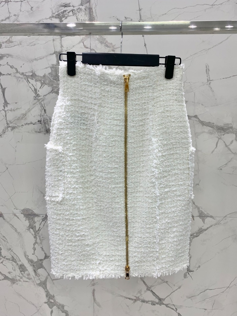 Balmain 2023 Fall/Winter Tweed Woolen A-Line Skirt White