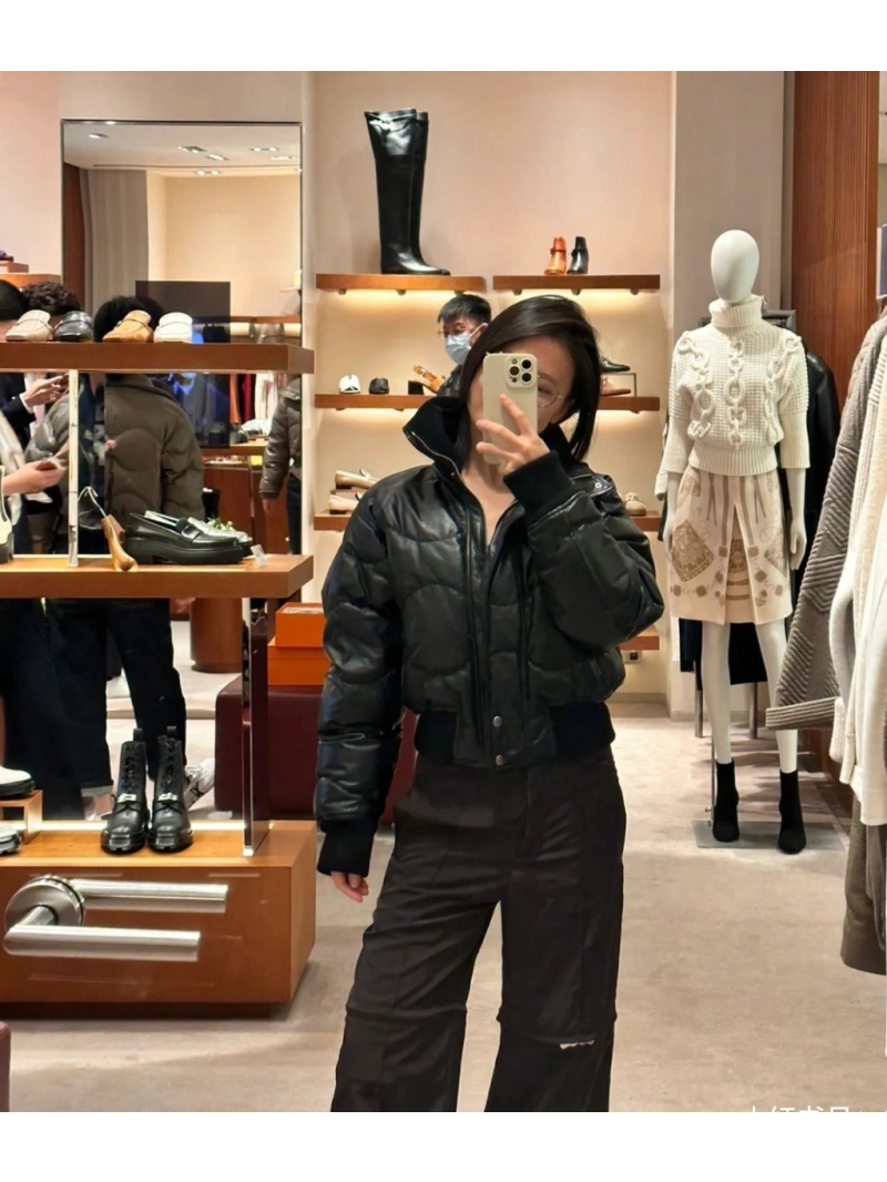 Hermes Imported Lambskin Leather Down Jacket with Wool Turtleneck Black