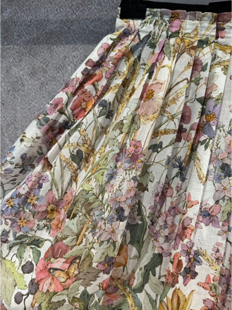 Dior 2024 Spring Double-Layer multicolor Floral Flowers Print Pleated Midi Skirt