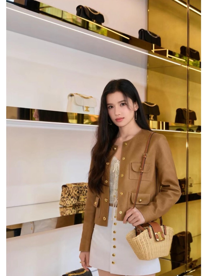 Celine Imported Lambskin Leather Cropped Jacket in Nutmeg Brown Limited Edition