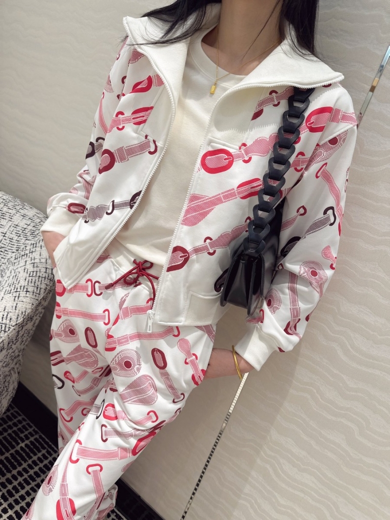 Hermes H Sport Set - Coaching Remix Collection Jersey Cotton Red & White Stand Collar Zip Jacket with Straight Leg Pants