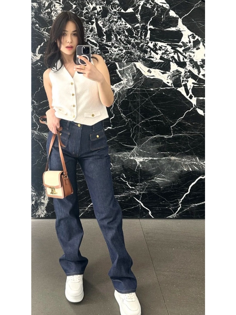Celine Slim-Fit Raw Denim Flared Long Jeans with Arc de Triomphe Buckle