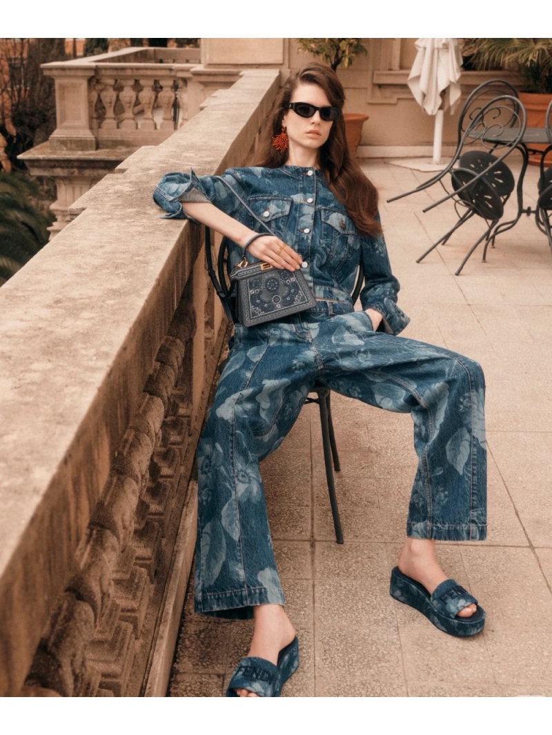 Fendi Fresh Ink Blue Floral Denim Straight-Leg Jeans - Luxe Retro Wash