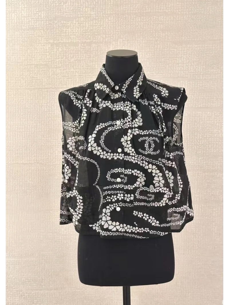 Chanel SS25 Coco Beach 'Spirit Snake' Petal Wave Print Sleeveless Shirt - Luxe Casual Elegance