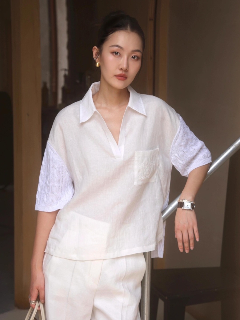 Max Mara White Linen-Blend Embroidered Short Sleeve Top - Elegant & Timeless