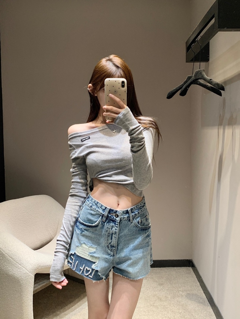 Loewe 25SS Spring Summer Distressed Denim Shorts with Rhinestone and Stud Details