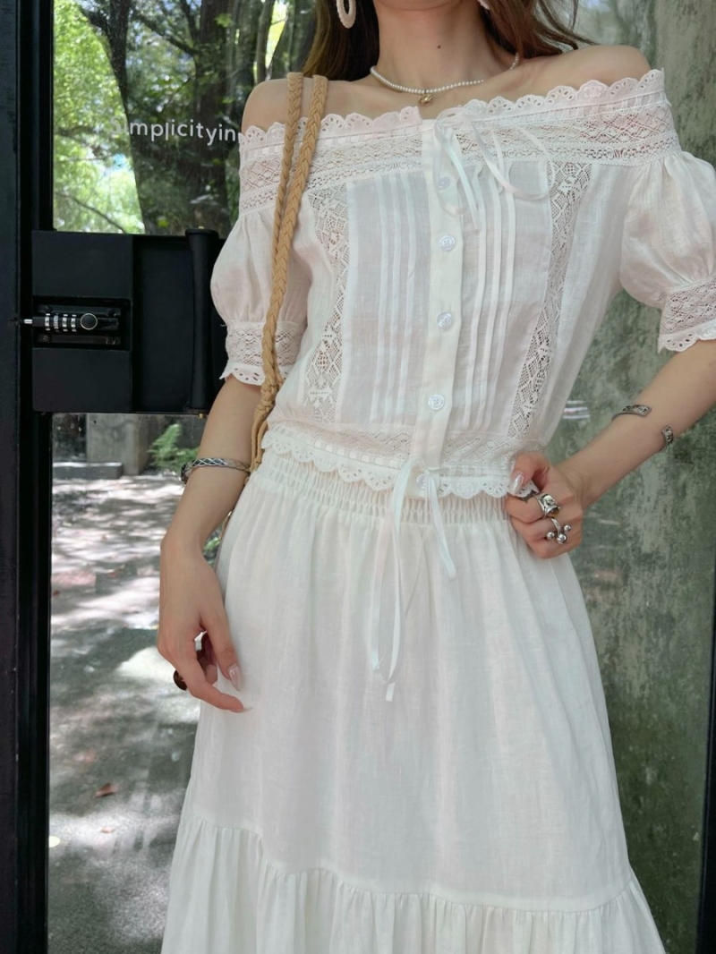 Celine Elegant Linen Embroidery Lace Top - Southern France Vacation Style