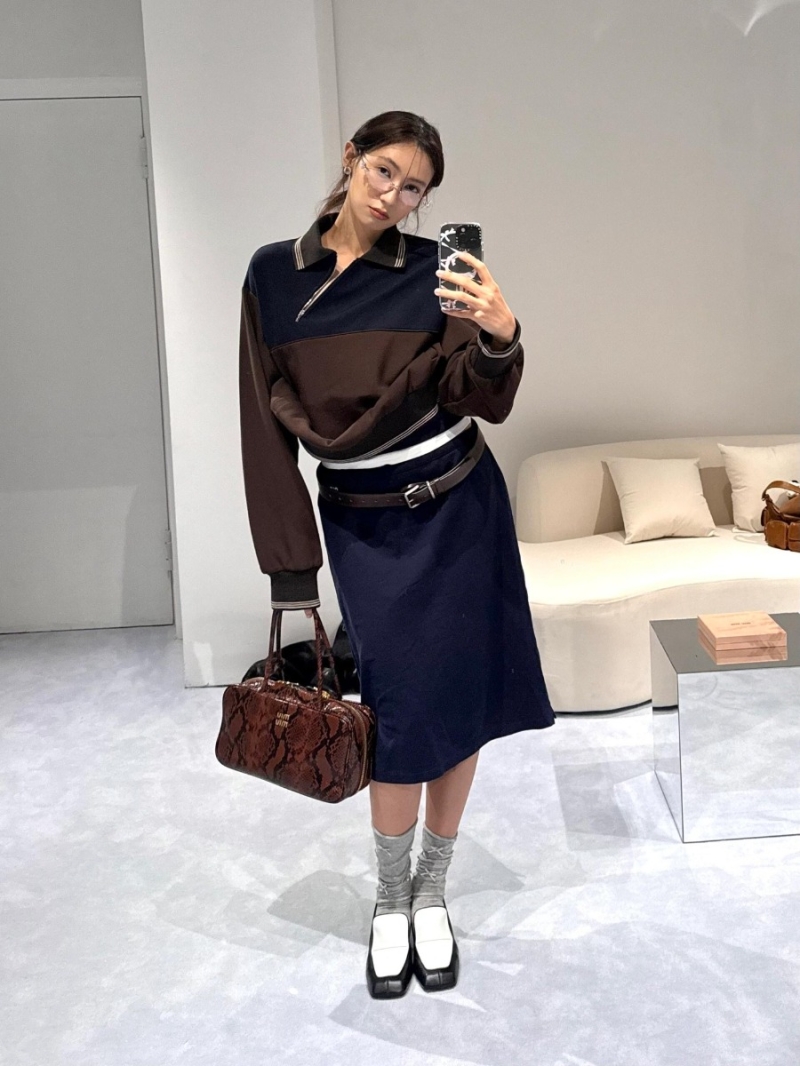 Miu Miu 25FW Early Autumn Zip-Up Collared Hoodie in Brown-Blue - Exclusive Cool Design