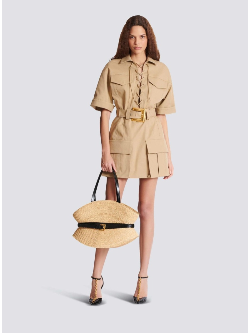 Balmain Exclusive Cross-Strap Denim Dress with Distressed Design