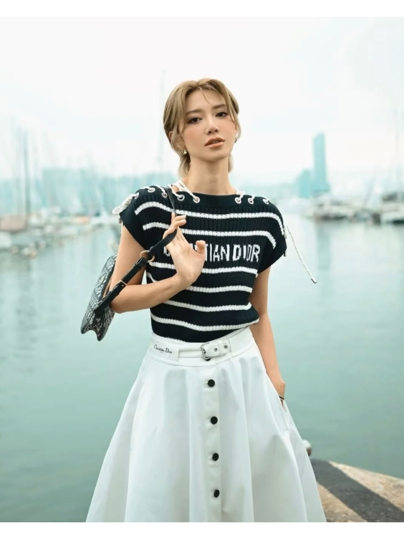 Dior Miss Dior Nautical Stripe Knit One-Shoulder Top - Elegant Navy Blue