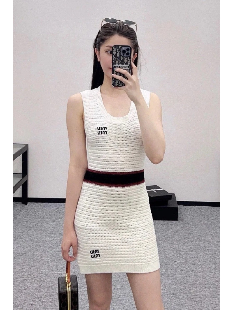 Miu Miu Summer 2025 Round Neck Embroidered Logo Knit Dress