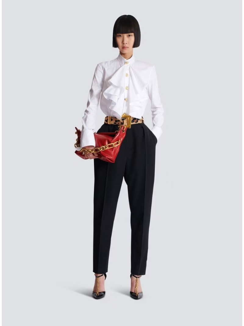 Balmain 25FW Early Autumn Plain Ruffle Pleated Shirt - Elegant Twill Cotton