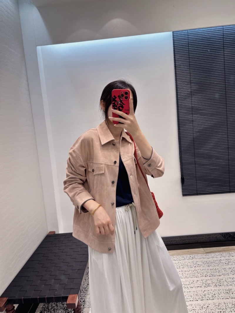 Brunello Cucinelli Suede Leather Moto Jacket in Dried Rose Pink | Italian Minimalist Luxury with Copper Chain Accents