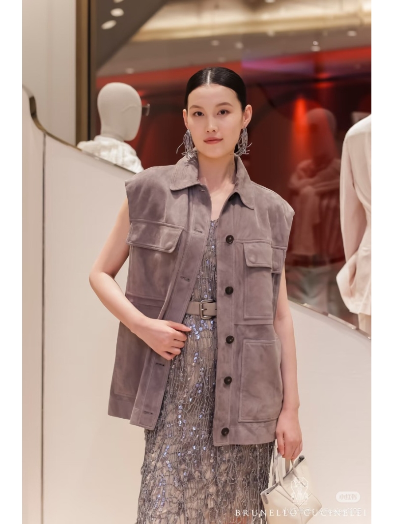 Brunello Cucinelli Suede Lamb Leather Vest in Custom Grey-Brown | Stand Collar | Copper Chain Detail