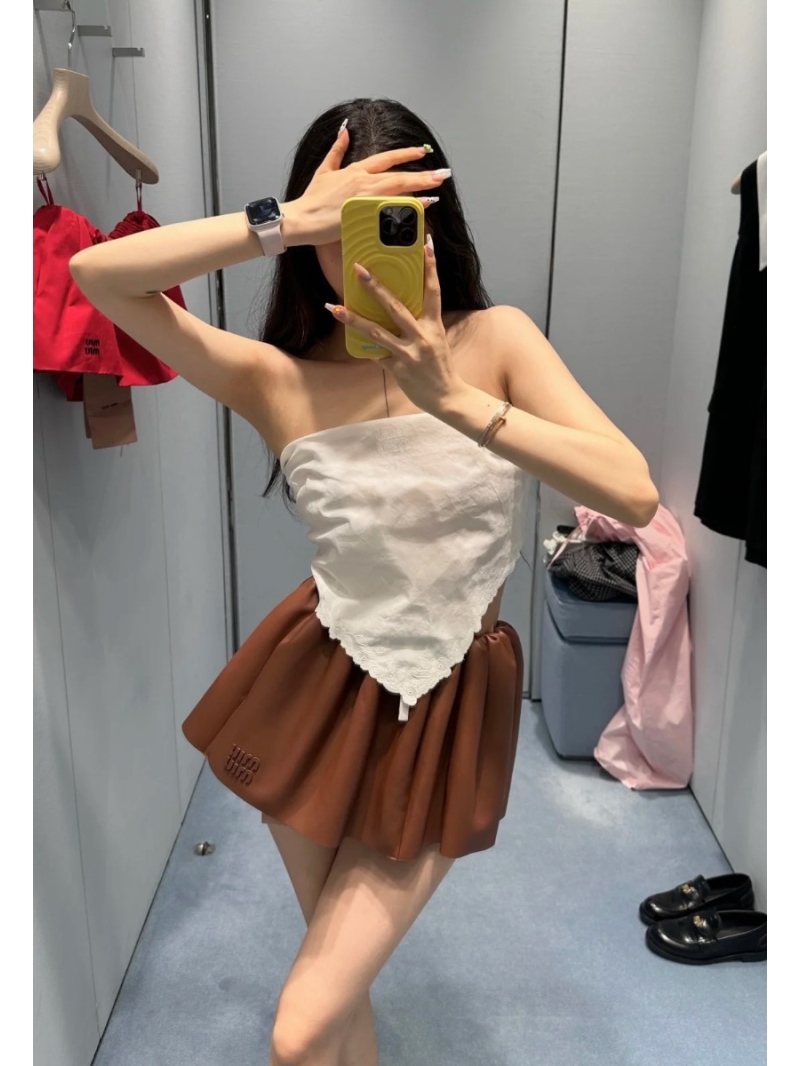 Miu Miu Puff Mini Skirt in Caramel - 100% Imported Lambskin Leather, 3D Tailoring, Elastic Waist