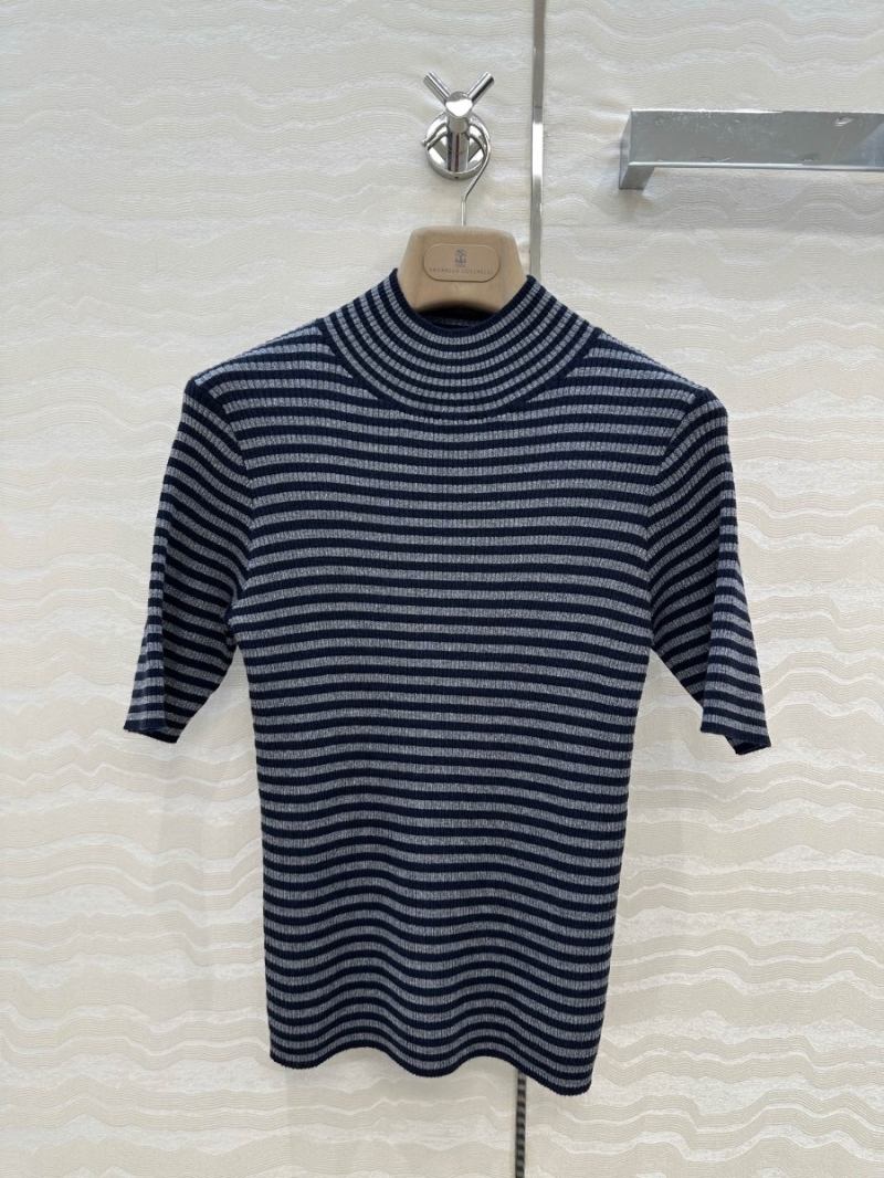 Brunello Cucinelli Navy Striped Short-Sleeve Top - Luxe Elegance