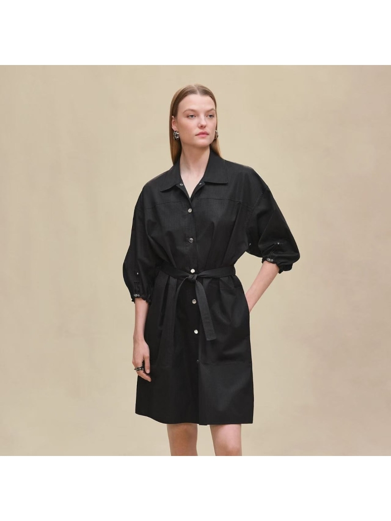 Hermes Luxe Black Jacquard Shirt-Collar Tie Dress