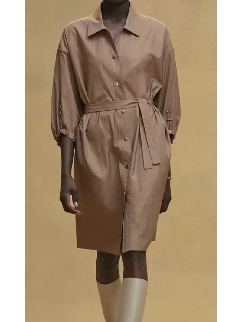 Hermes Elegant Khaki Jacquard Shirt-Dress with Lantern Sleeves