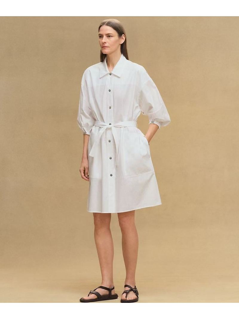 Hermes White Jacquard Dress with Lantern Sleeves and Belted Waist - Elegant Luxe Design