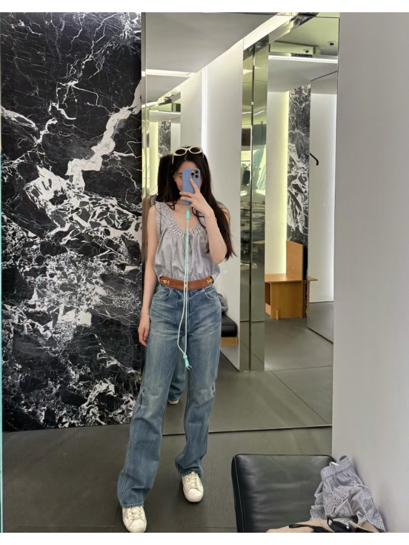 Celine Luxe Leather-Patch Denim Jeans - High-Street Chic